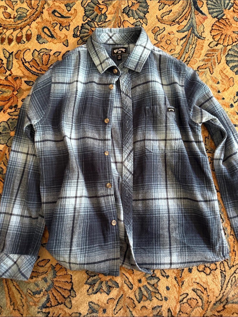 Billabong Gray and Blue Plaid Flannel Shirt youth small 10-12